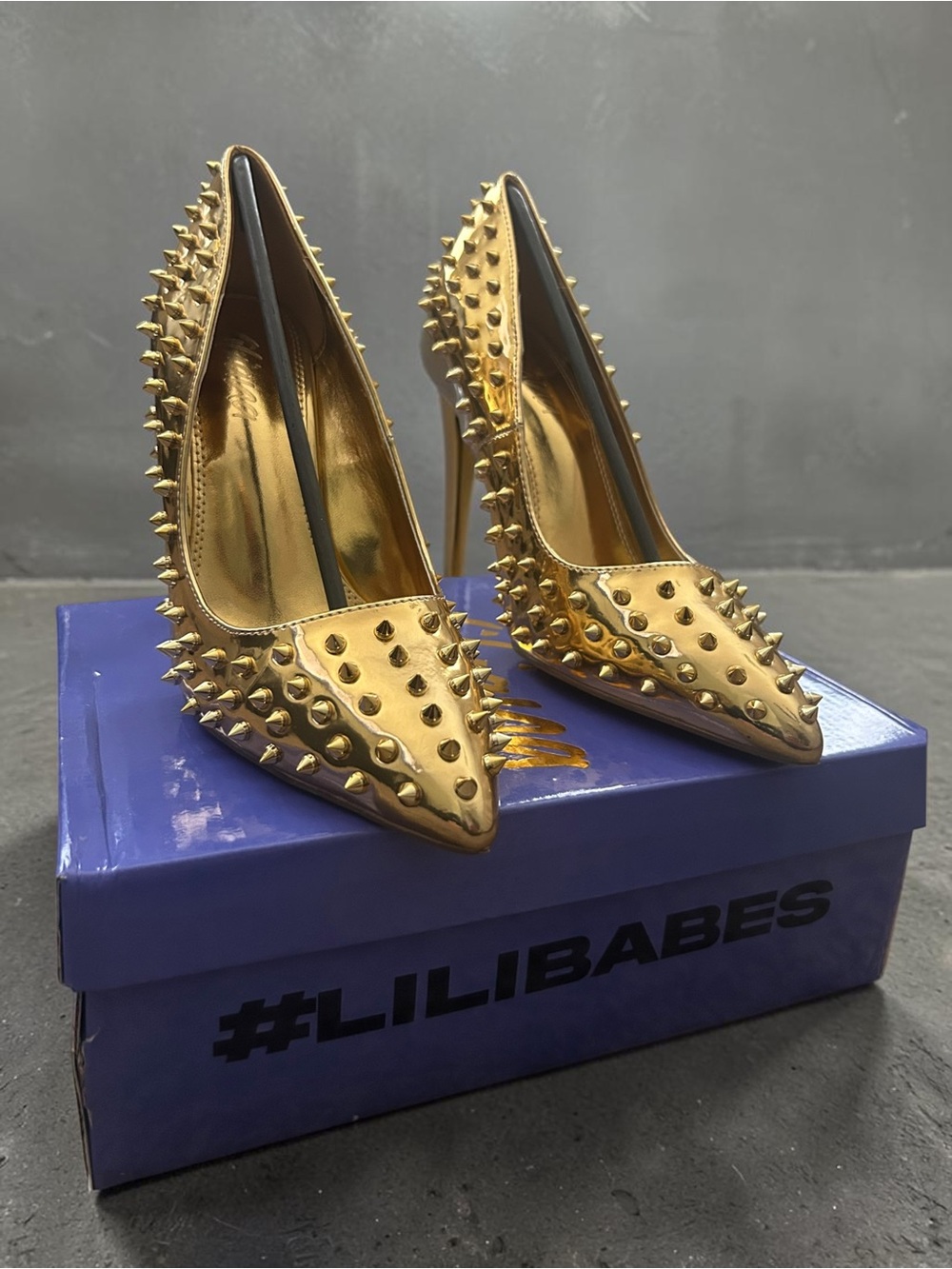 Liliana Gold Spiked Pointed-Toe Heels